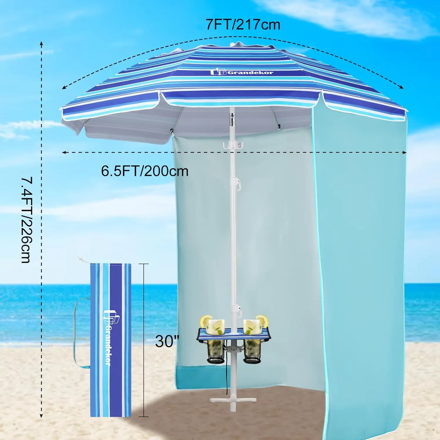 Grandekor 7FT Beach Umbrellas for Sand Heavy Duty Wind Portable Beach Umbrella with Table and Sun Shade Travel Beach Umbrella with Carry Bag Sun Umbrella Beach,UV 50 