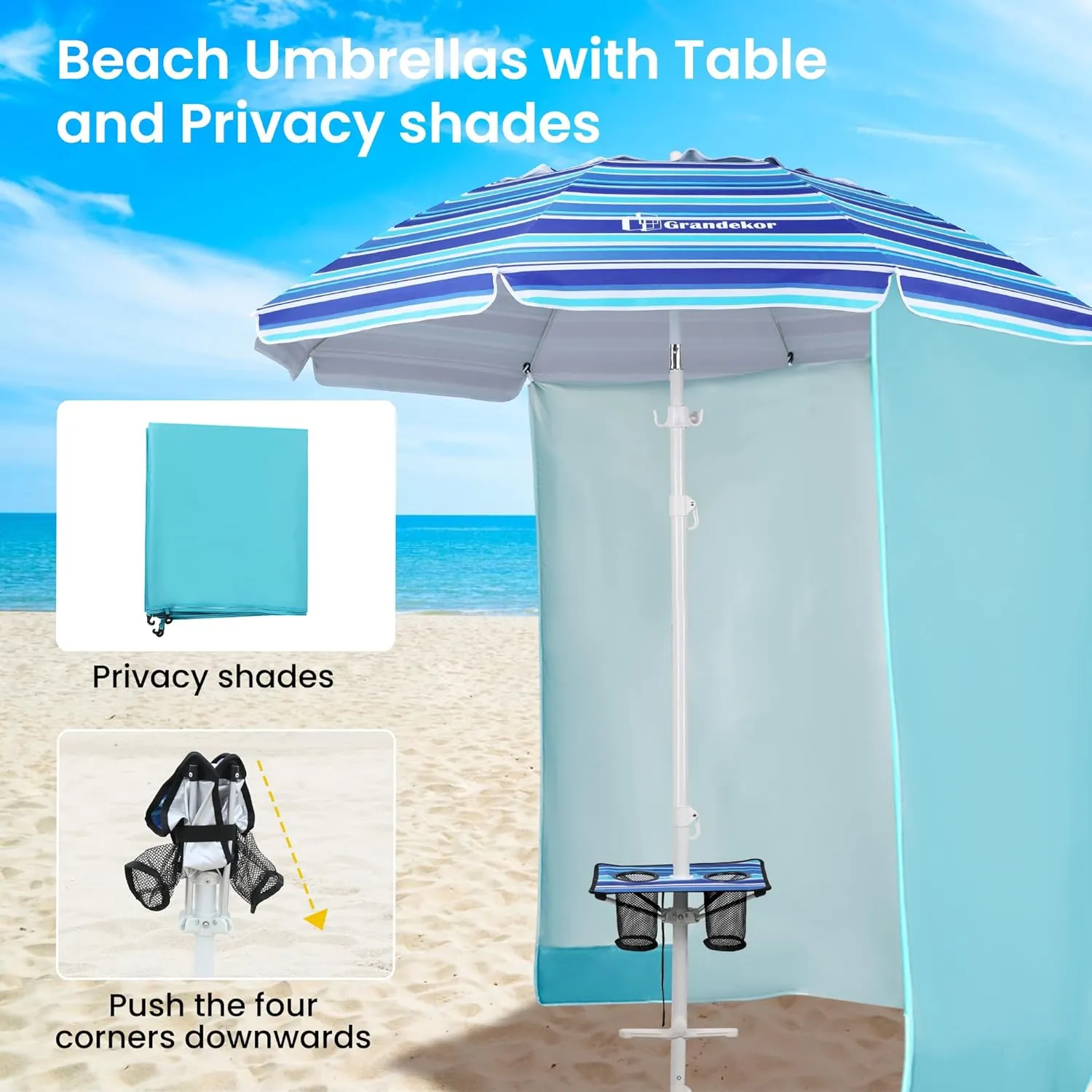 Grandekor 7FT Beach Umbrellas for Sand Heavy Duty Wind Portable Beach Umbrella with Table and Sun Shade Travel Beach Umbrella with Carry Bag Sun Umbrella Beach,UV 50 