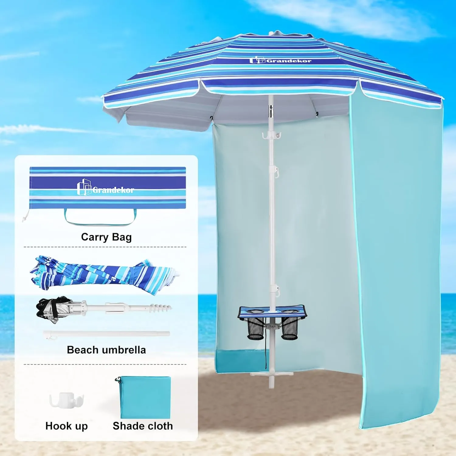 Grandekor 7FT Beach Umbrellas for Sand Heavy Duty Wind Portable Beach Umbrella with Table and Sun Shade Travel Beach Umbrella with Carry Bag Sun Umbrella Beach,UV 50 