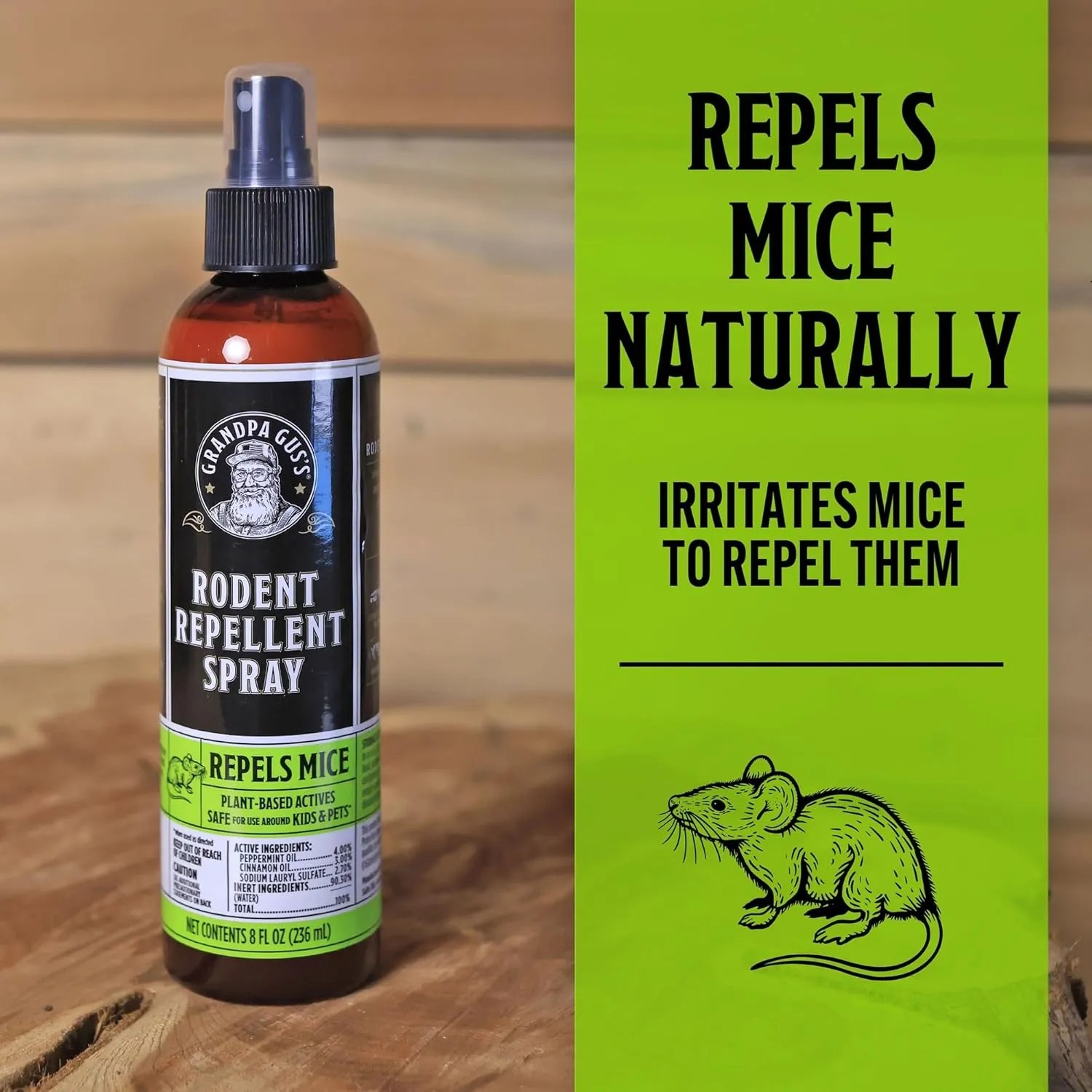 Grandpa Gus's Mouse Repellent Spray, Peppermint & Cinnamon Oil Formula, Repels Mice & Rats from Nesting, Chewing in Homes/RV, Boat/Car, Storage & Wiring, 8 fl oz (2 Bottles)