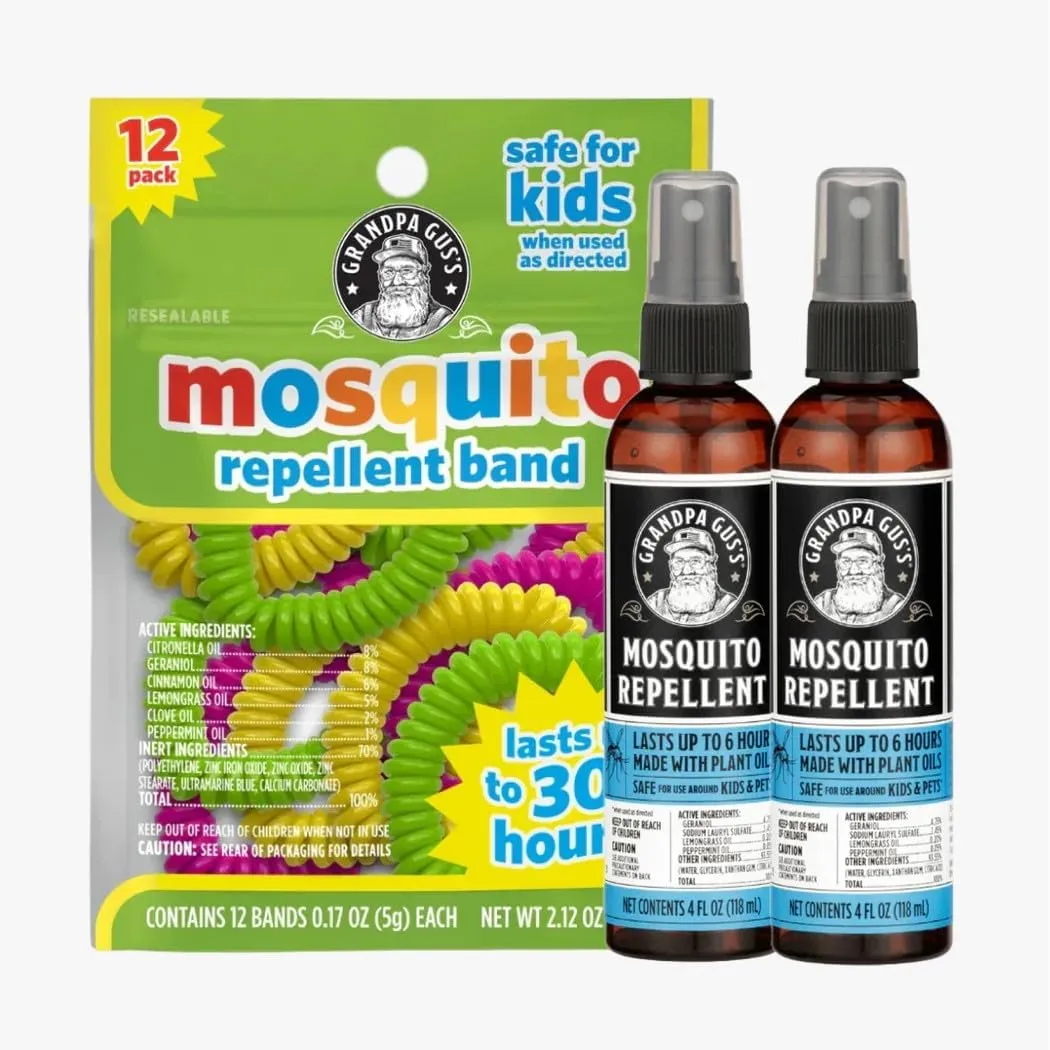 Grandpa Gus's Natural Mosquito Repellent Spray, 4 oz (Pack of 2) Bundled with Mosquito Repellent Bands, Regular Assorted Colors (12 Bands)