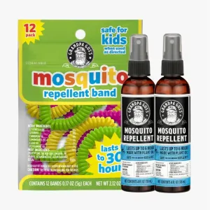 Grandpa Gus's Natural Mosquito Repellent Spray, 4 oz (Pack of 2) Bundled with Mosquito Repellent Bands, Regular Assorted Colors (12 Bands)