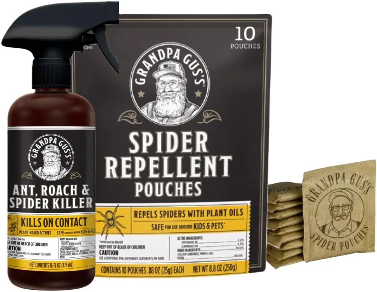 Grandpa Gus's Spider Repellent Pouches (10 Pouches) and Natural Ant, Roach & Spider Killer Spray (16 oz Bottle), Natural Formula Drives Crawling Insects Away, Safe for Use at Home, Cabin, RV & More