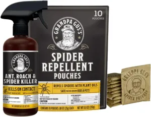 Grandpa Gus's Spider Repellent Pouches (10 Pouches) and Natural Ant, Roach & Spider Killer Spray (16 oz Bottle), Natural Formula Drives Crawling Insects Away, Safe for Use at Home, Cabin, RV & More