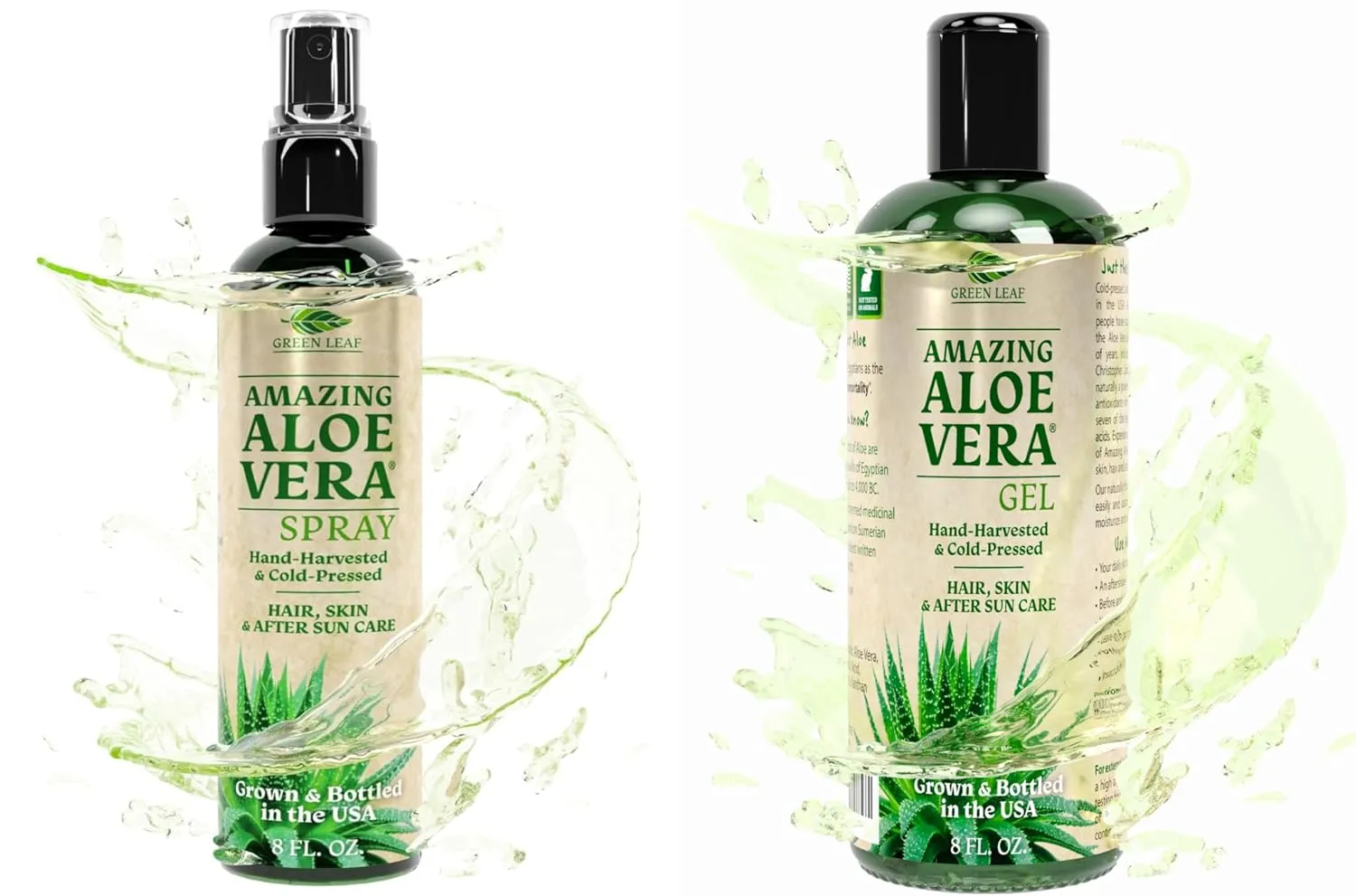 Green Leaf Aloe Vera Spray 8 oz and Aloe Vera Gel 8 oz Bundle for Hair, Skin & Face Moisturizer, Fast Absorption After Sun Care, Sunburn Relief & Solar Recovery