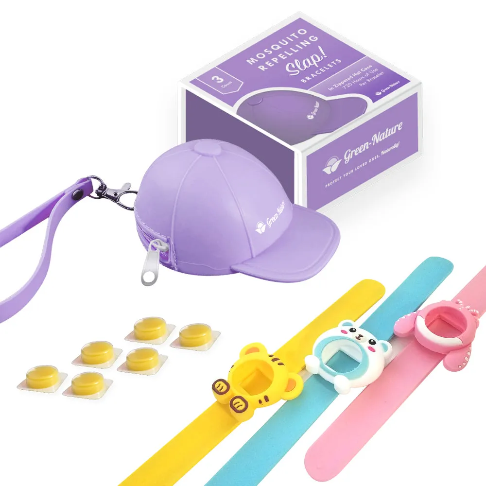 Green-Nature Mosquito Repellent Slap Bracelet , Wristband 3 Pack with Cartoon Figures Lilac Hat