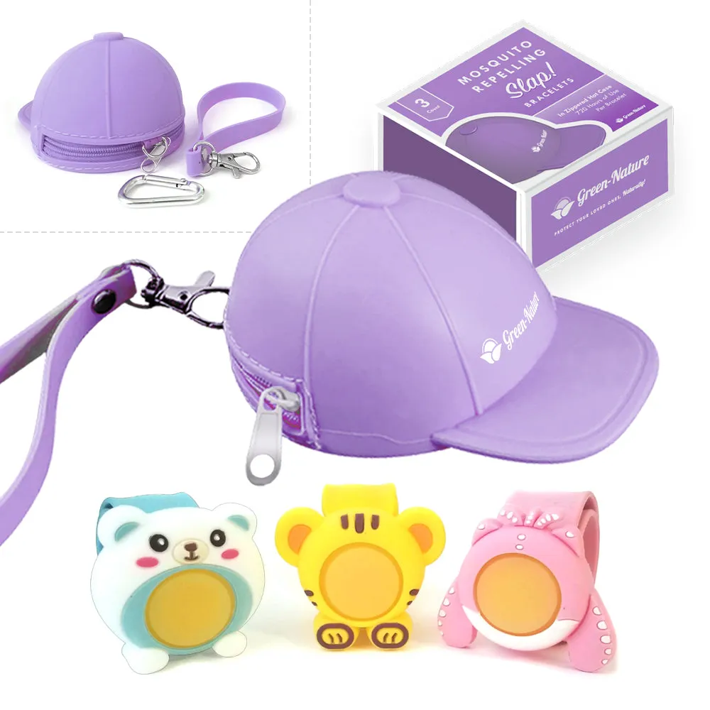Green-Nature Mosquito Repellent Slap Bracelet , Wristband 3 Pack with Cartoon Figures Lilac Hat