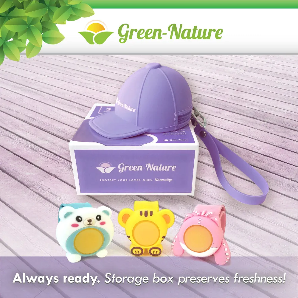 Green-Nature Mosquito Repellent Slap Bracelet , Wristband 3 Pack with Cartoon Figures Lilac Hat
