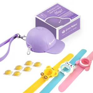 Green-Nature Mosquito Repellent Slap Bracelet , Wristband 3 Pack with Cartoon Figures Lilac Hat