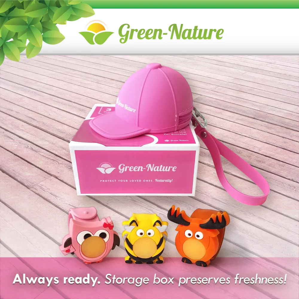 Green-Nature Mosquito Repellent Slap Bracelet , Wristband 3 Pack with Cartoon Figures Pink Hat