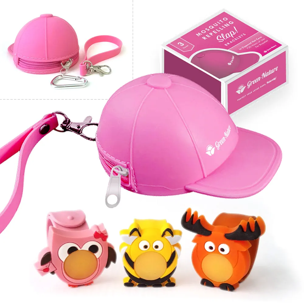 Green-Nature Mosquito Repellent Slap Bracelet , Wristband 3 Pack with Cartoon Figures Pink Hat