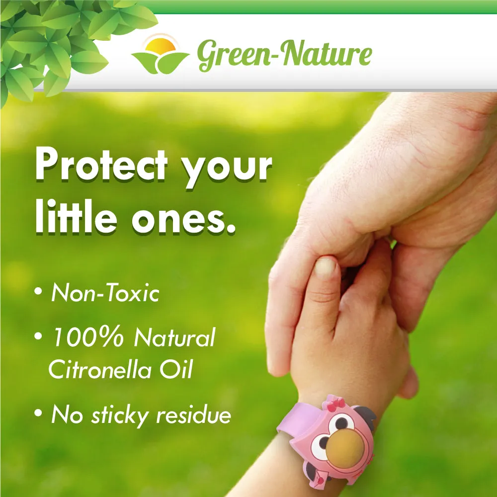 Green-Nature Mosquito Repellent Slap Bracelet , Wristband 3 Pack with Cartoon Figures Pink Hat