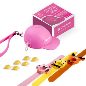 Green-Nature Mosquito Repellent Slap Bracelet , Wristband 3 Pack with Cartoon Figures Pink Hat