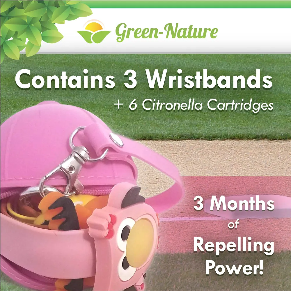 Green-Nature Mosquito Repellent Slap Bracelet , Wristband 3 Pack with Cartoon Figures Pink Hat