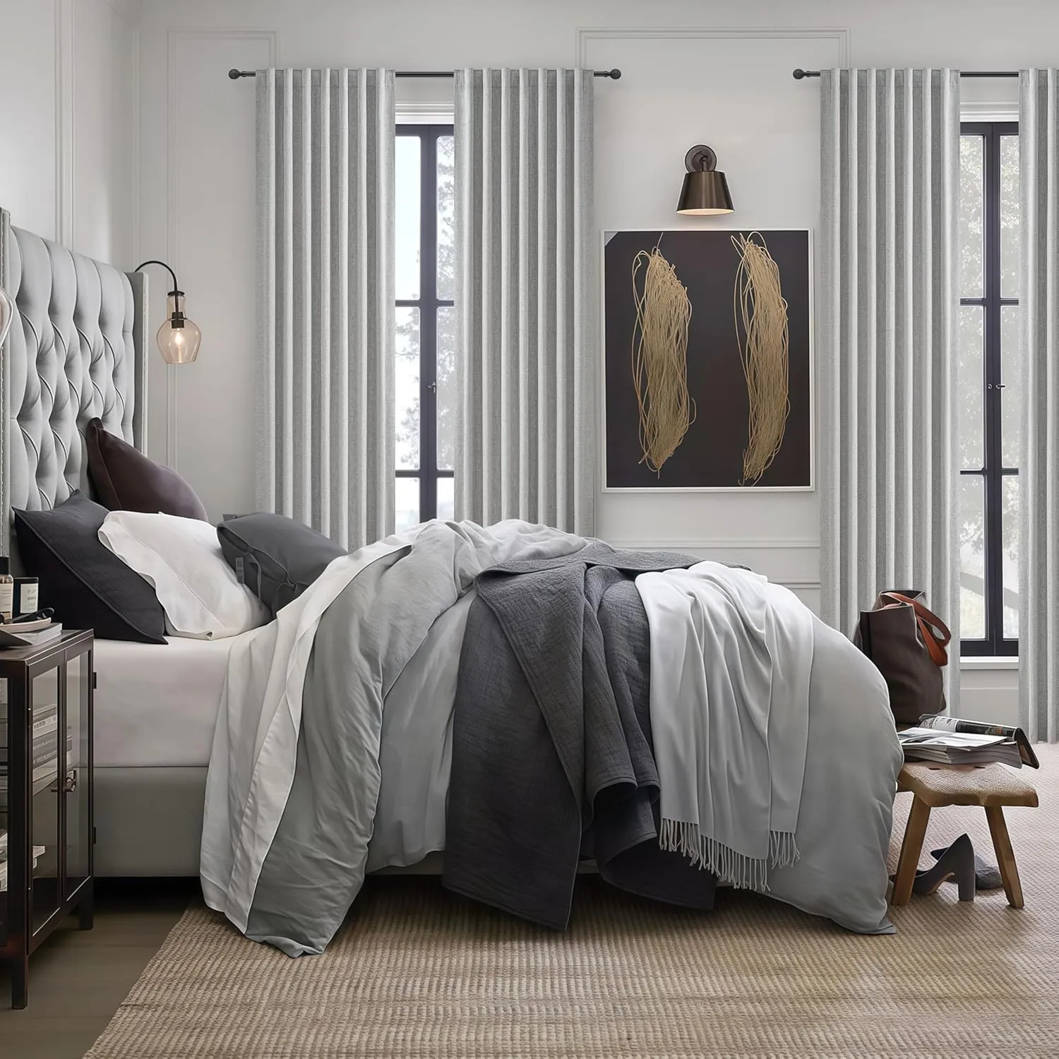 Grey Blackout Curtains 84 Inch Length 2 Panels Set for Bedroom, Modern Faux Linen Room Darkening Pleated Light Gray Burg with Rod Pocket Back Tab 84 Inch Insulated Curtain for Office Sunroom