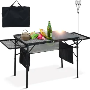 Grill Table, Camping Table, Tailgate Table with 45W Solar Panel, Multiple Outputs for Electronic Devices Charger, Adjustable Height, Mesh Bag, Side-Pocket, Carry Handle for Outdoor Activities