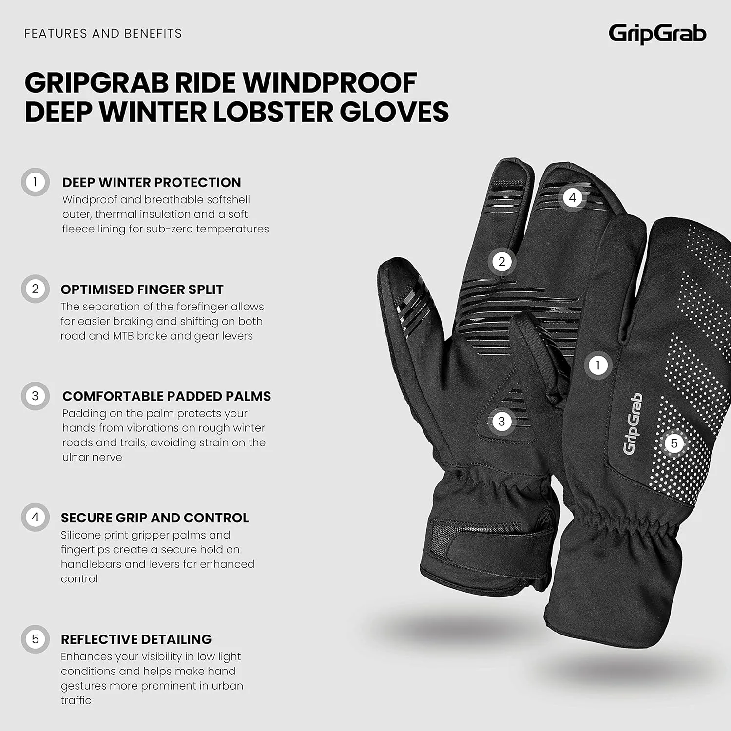 GripGrab Ride Windproof Deep Winter Lobster 3-Finger Cycling Gloves Thermal Fleece Lined Padded Windproof Cold Weather Water-Repellent