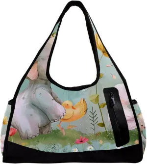 Gym Bag for Women,Small Gym Bag for Men,Flower Bush Rabbit and Elephant,Overnight Bag