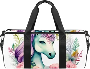 Gym Bag for Women,Small Gym Bag for Men,Unicorn Floral Bushes,Overnight Bag