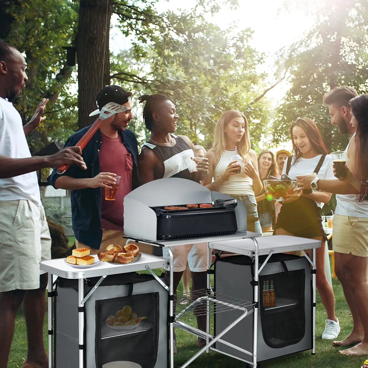 GYMAX Folding Camping Table, Portable Kitchen Table with 2 Zipper Organizer Shelf & Wind Screen, Foldable Cooking Table for Camping Hiking Picnic BBQ (Grey)