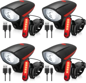 Hanaive 4 Sets Bright LED Bike Light Set USB Rechargeable Bicycle Front Headlight Back Taillight Waterproof Bicycle Light Cycling Accessories for Men Women Night Road Mountain Riding