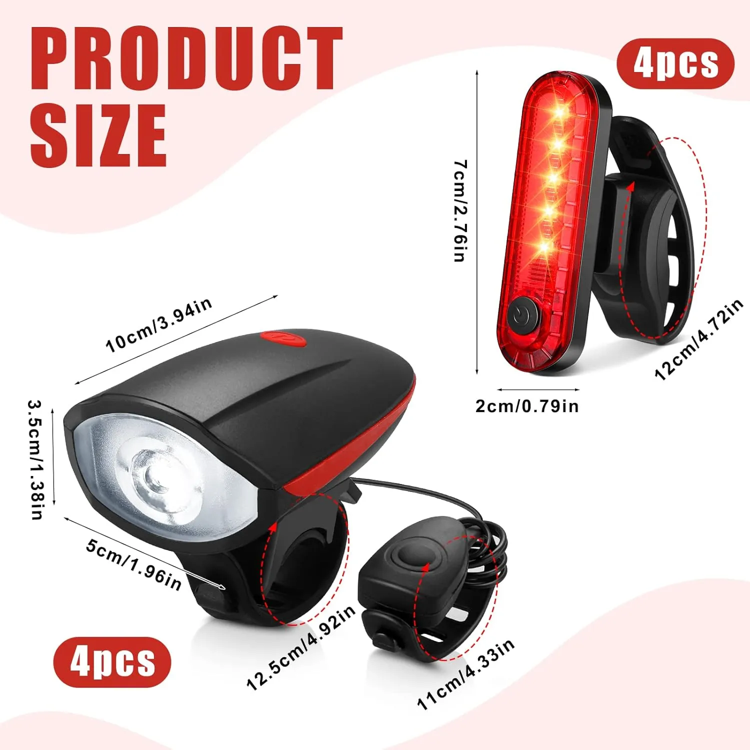 Hanaive 4 Sets Bright LED Bike Light Set USB Rechargeable Bicycle Front Headlight Back Taillight Waterproof Bicycle Light Cycling Accessories for Men Women Night Road Mountain Riding