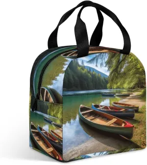 Hand-held Lunch Bag,Lake with Boats Canoes Park Print Lunch Box Bag,fresh Lunch Box Handbag,large Capacity Lunch Bag