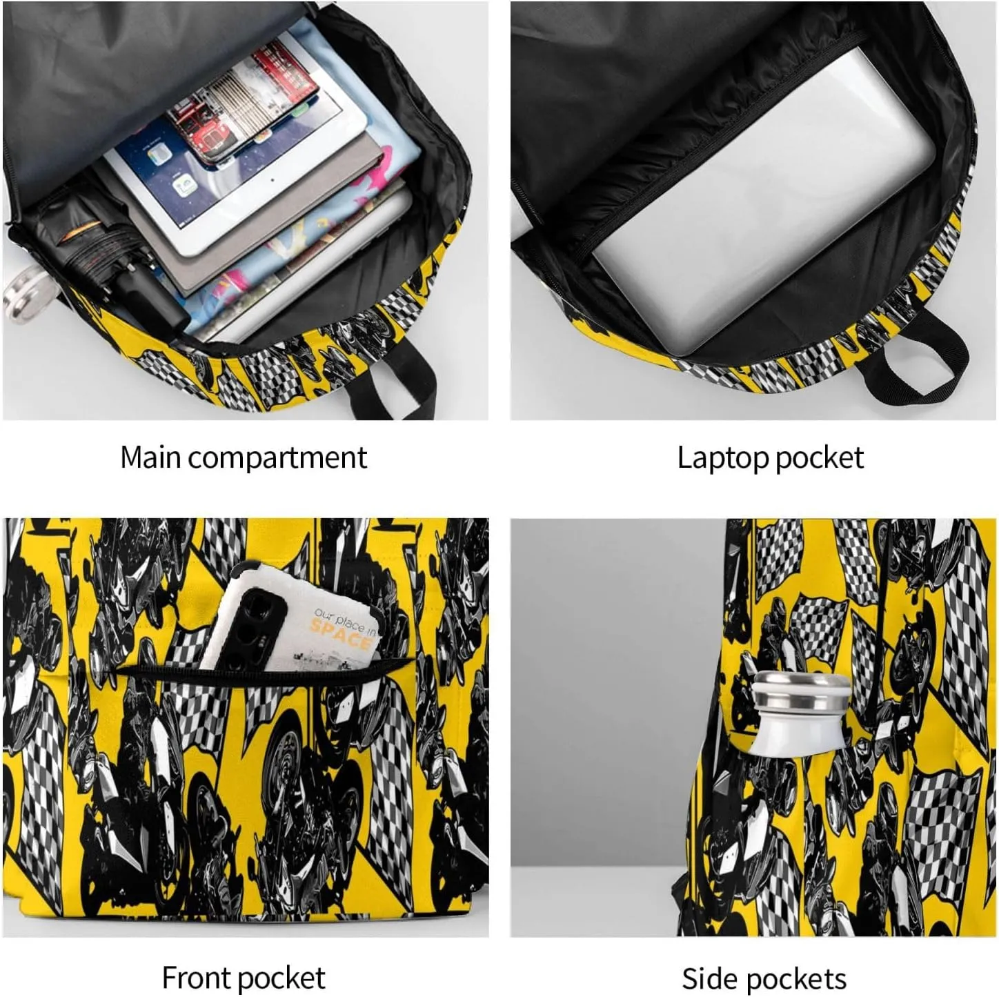 Handsome Motorcycle Rider With Checkered Flag Laptop Backpack Shoulder Bag Laptop Pack Travel Backpacks Commuter Back Pack Casual Daypack Bags With Side Pockets