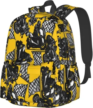 Handsome Motorcycle Rider With Checkered Flag Laptop Backpack Shoulder Bag Laptop Pack Travel Backpacks Commuter Back Pack Casual Daypack Bags With Side Pockets