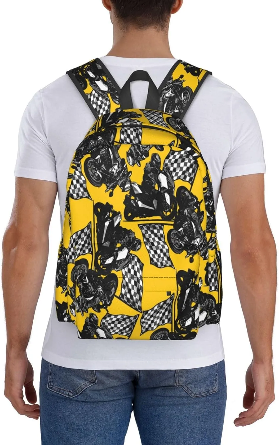 Handsome Motorcycle Rider With Checkered Flag Laptop Backpack Shoulder Bag Laptop Pack Travel Backpacks Commuter Back Pack Casual Daypack Bags With Side Pockets