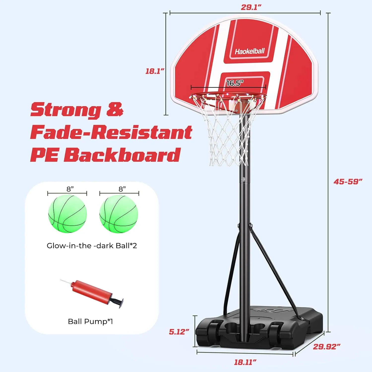 Haokelball Pool Basketball Hoop Outdoor Poolside Water Basketball Hoop with Adjustable Height 45"-59" Swimming Pool Basketball Game with 2 Balls and Pump (Red)