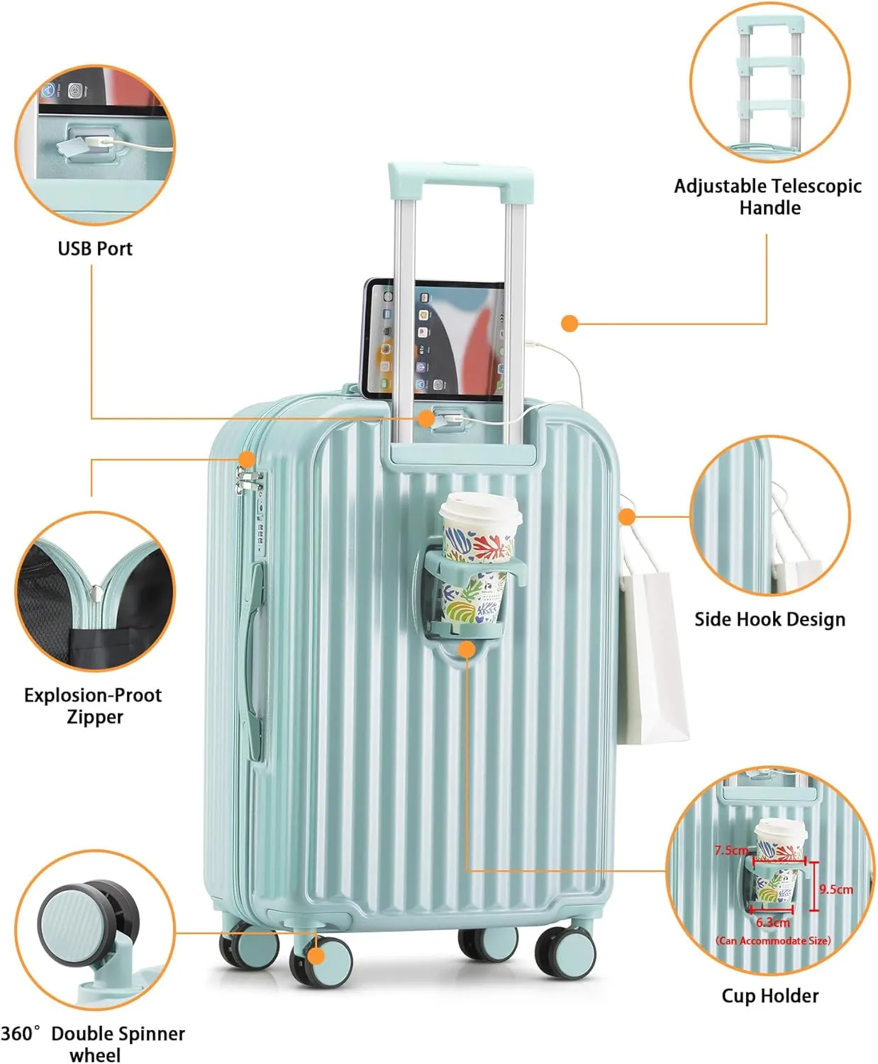 Hardside Carry On Luggage with Spinner Wheels and Built-in TSA Lock Durable Suitcase Rolling Luggage with USB Port cup holder Carry-On 20Inch (Blue)