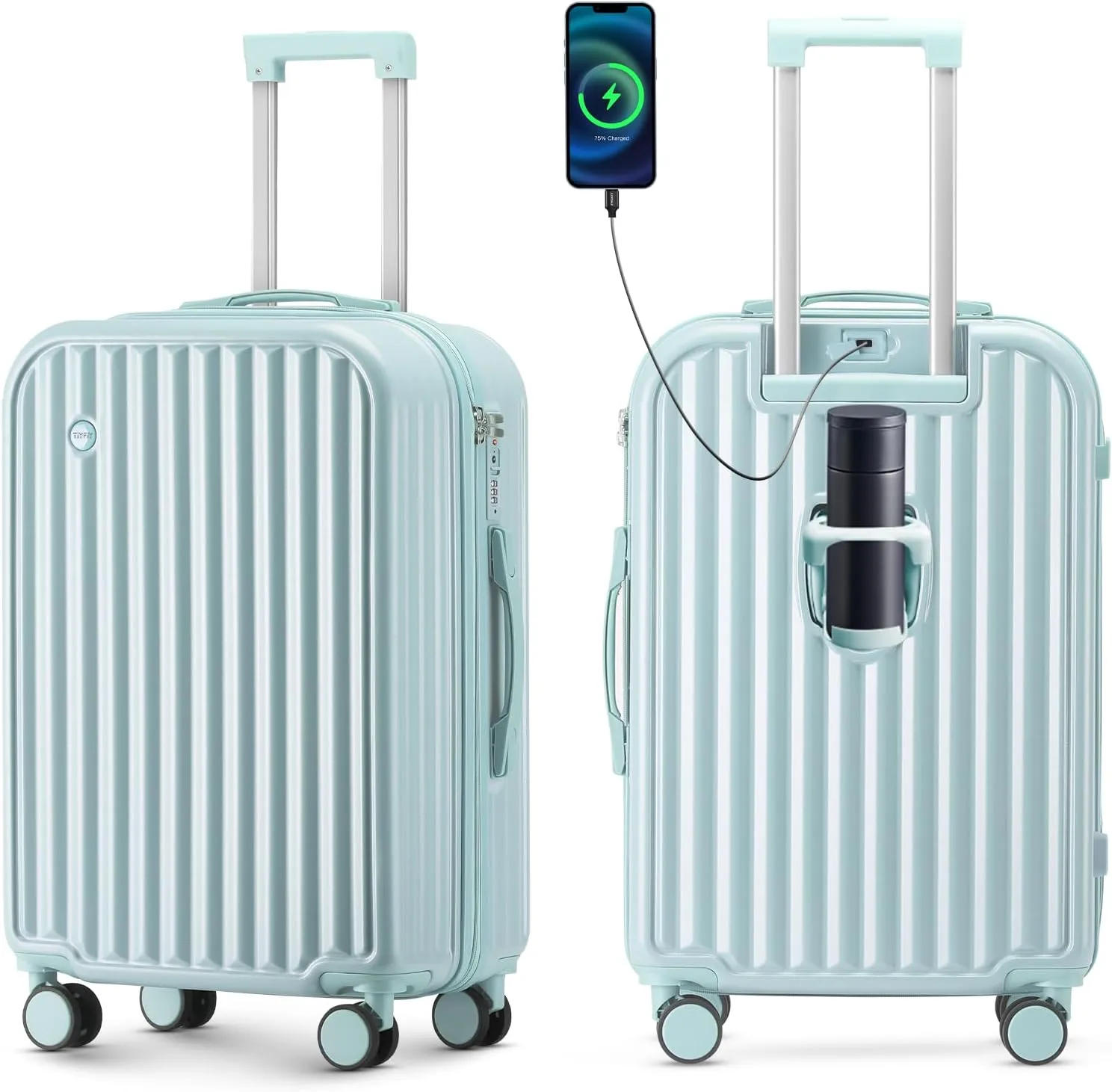 Hardside Carry On Luggage with Spinner Wheels and Built-in TSA Lock Durable Suitcase Rolling Luggage with USB Port cup holder Carry-On 20Inch (Blue)
