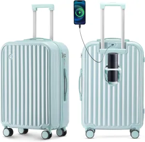 Hardside Carry On Luggage with Spinner Wheels and Built-in TSA Lock Durable Suitcase Rolling Luggage with USB Port cup holder Carry-On 20Inch (Blue)