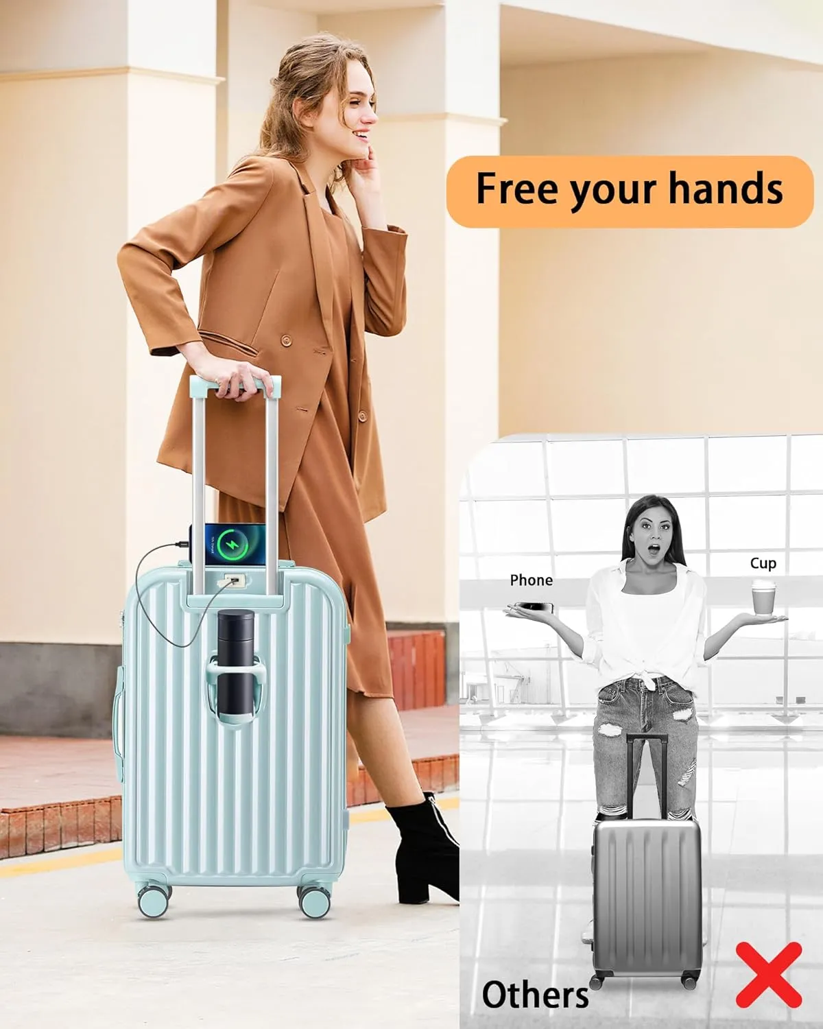 Hardside Carry On Luggage with Spinner Wheels and Built-in TSA Lock Durable Suitcase Rolling Luggage with USB Port cup holder Carry-On 20Inch (Blue)