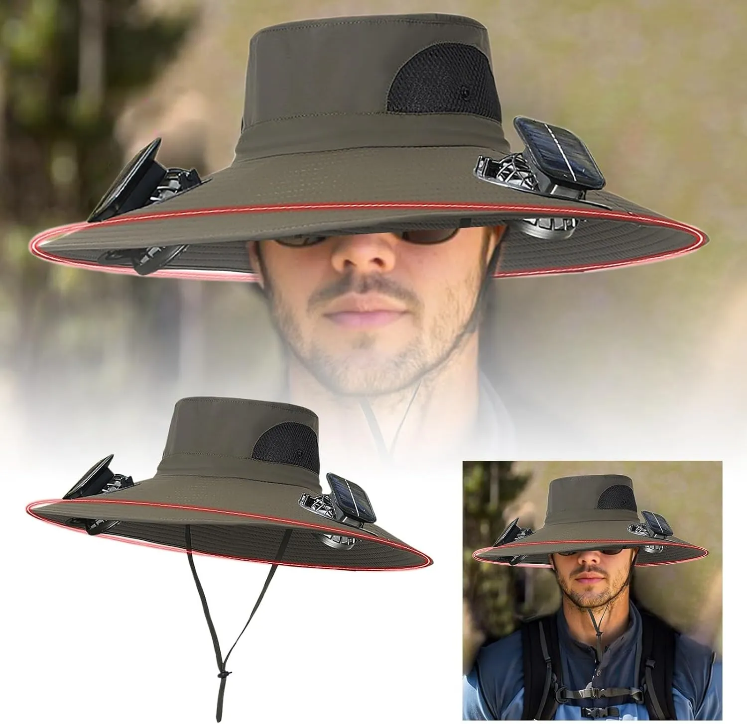Hat with Fans Solar Power Outdoor Wide Brim Sun Hats with 2 Solar Fan Fishing Hat - Removable & USB Charging Fan