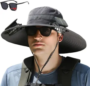 Hat with Fans Solar Power, Sun Hat with Solar Powered Fans, Wide Brim Solar Fan Outdoor Fishing Hat-Solar & USB Charging