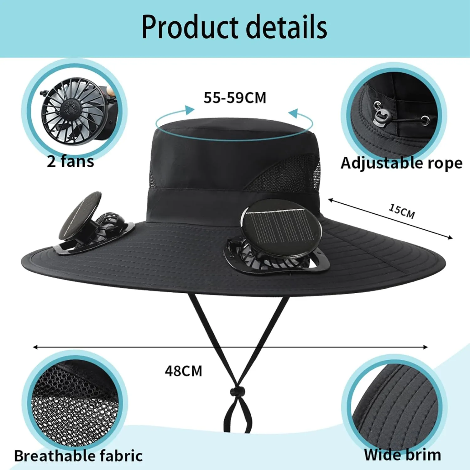 Hat with Fans Solar Power, UPF 50  Outdoor Solor Sun Hat Wide Brim Sun Hat with 2 Solar Fan Sun Bucket Hat for Men Women