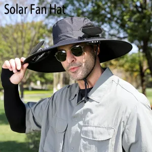 Hat with Fans Solar Power, UPF 50  Outdoor Solor Sun Hat Wide Brim Sun Hat with 2 Solar Fan Sun Bucket Hat for Men Women