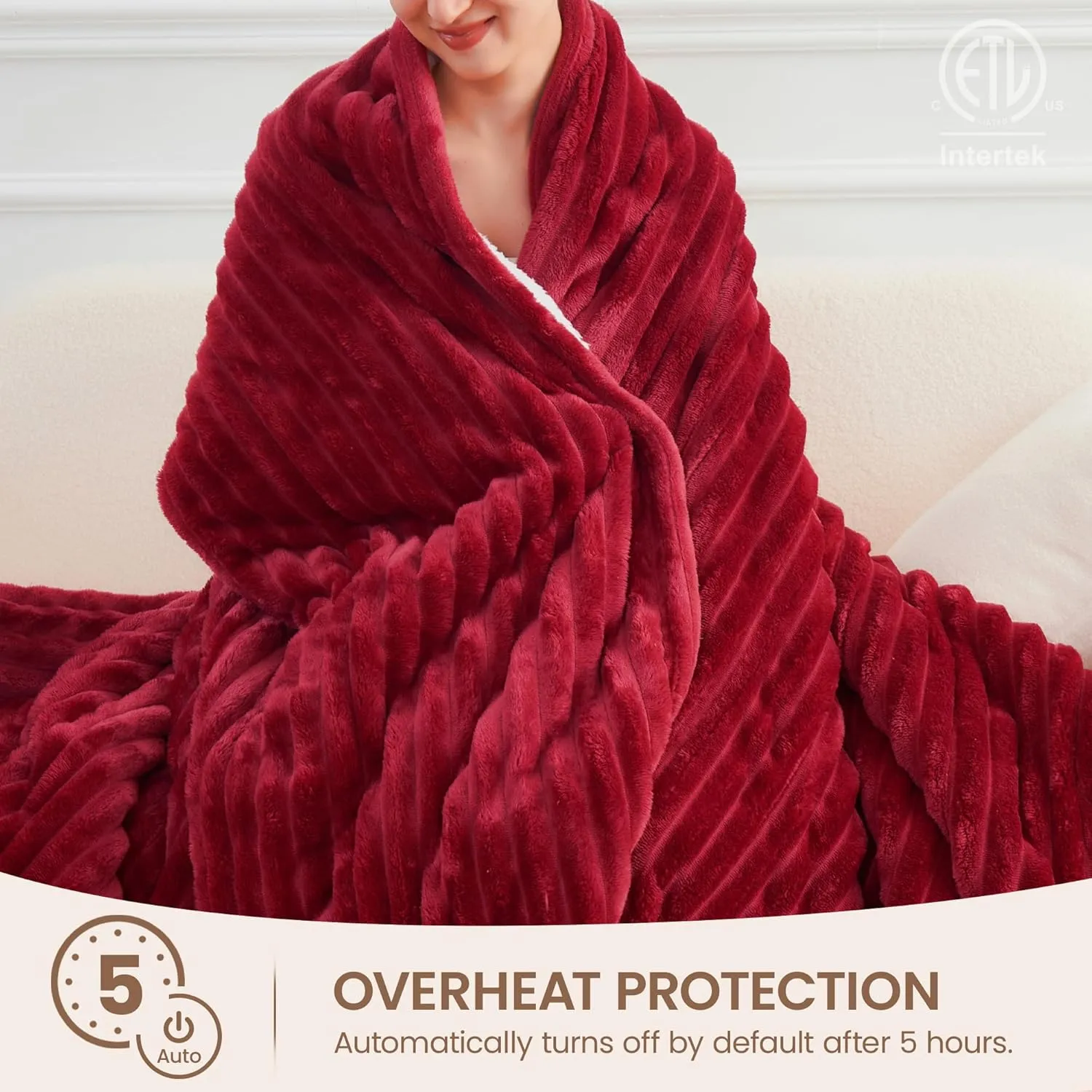 Heated Blanket Electric Throw - Reversible Heating Blanket Flannel Sherpa Throw with 12 Time Setting, 5 Heat Level, 4 hrs Auto-Off with Electric ETL Certification (Red, 50"×60")
