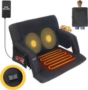Heated Massage Stadium Seat, 3 Level Heating and Massage 25 Inch Bleacher Chair, Portable Folding Seat with 10,000 mAh Mobile Power Supply for Indoor Stadiums and Baseball Stadiums