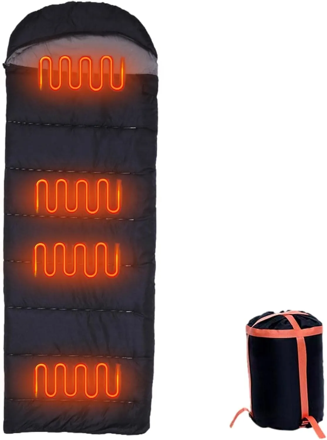 Heated Sleeping Bag for Camping, Hiking & Backpacking - 3 Seasons, 38 to 65C, Black, Unisex Adult, 200cm x 75cm, 1900g, Polyester/Cotton, Zipper Closure