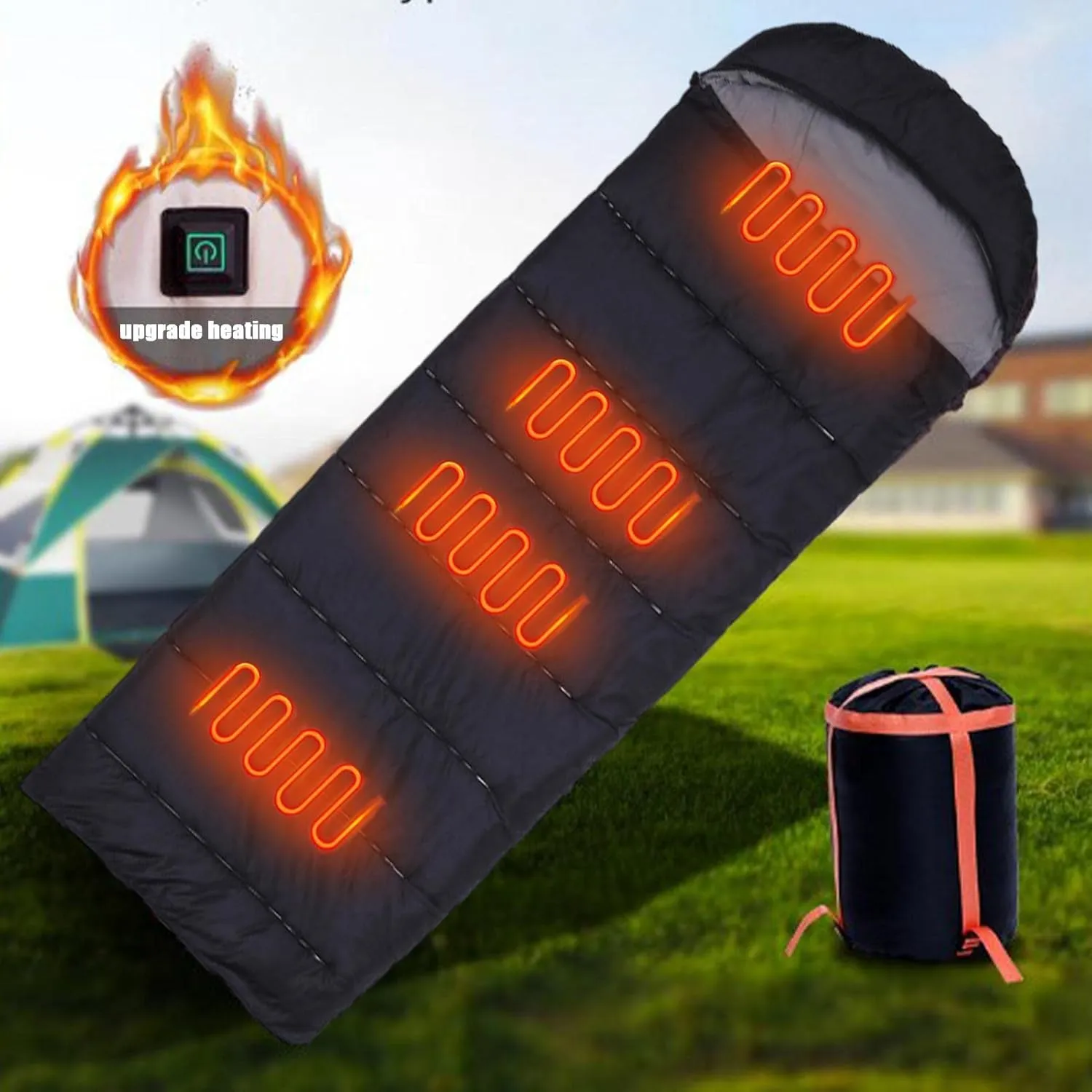 Heated Sleeping Bag for Camping, Hiking & Backpacking - 3 Seasons, 38 to 65C, Black, Unisex Adult, 200cm x 75cm, 1900g, Polyester/Cotton, Zipper Closure