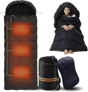 Heated Sleeping Bag with 3 Heating Levels, Waterproof Lightweight with Pillow and Compression Sack for Camping Hiking Backpacking Cold Weather