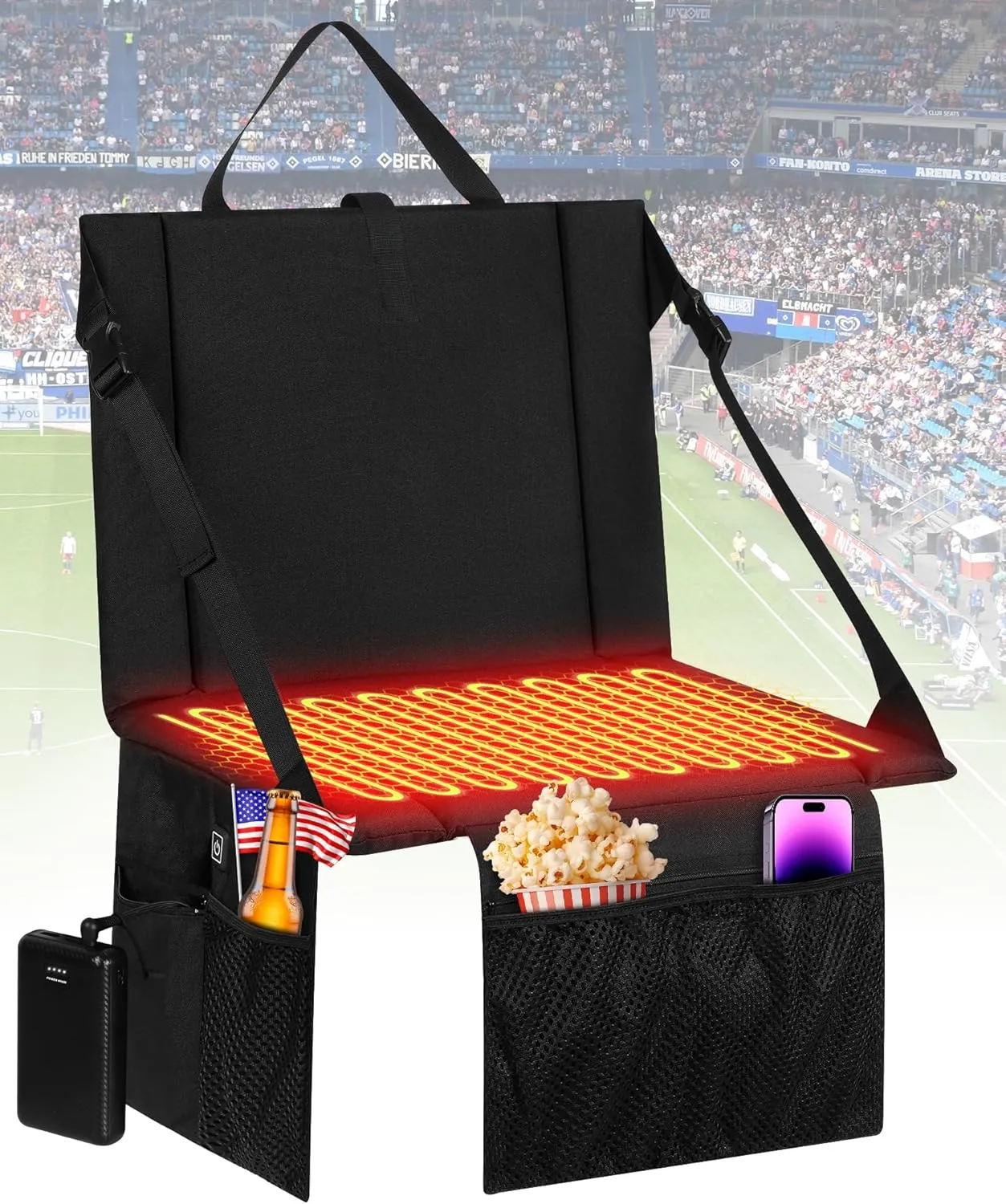 Heated Stadium Seat with Back and Cushion, 16000mAh Power Bank Portable Bleacher Seat, Waterproof Folding Heated Camping Chair, for Outdoor Stadium Events, Camping, Hunting, Fishing