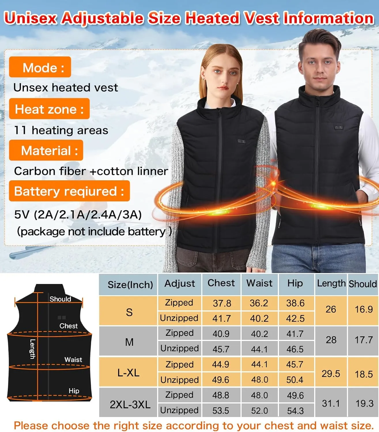 Heated Vest for Men Women - Electric Warming 11 Heating Zones Vest Size Adjustable Rechargeable USB Clothing
