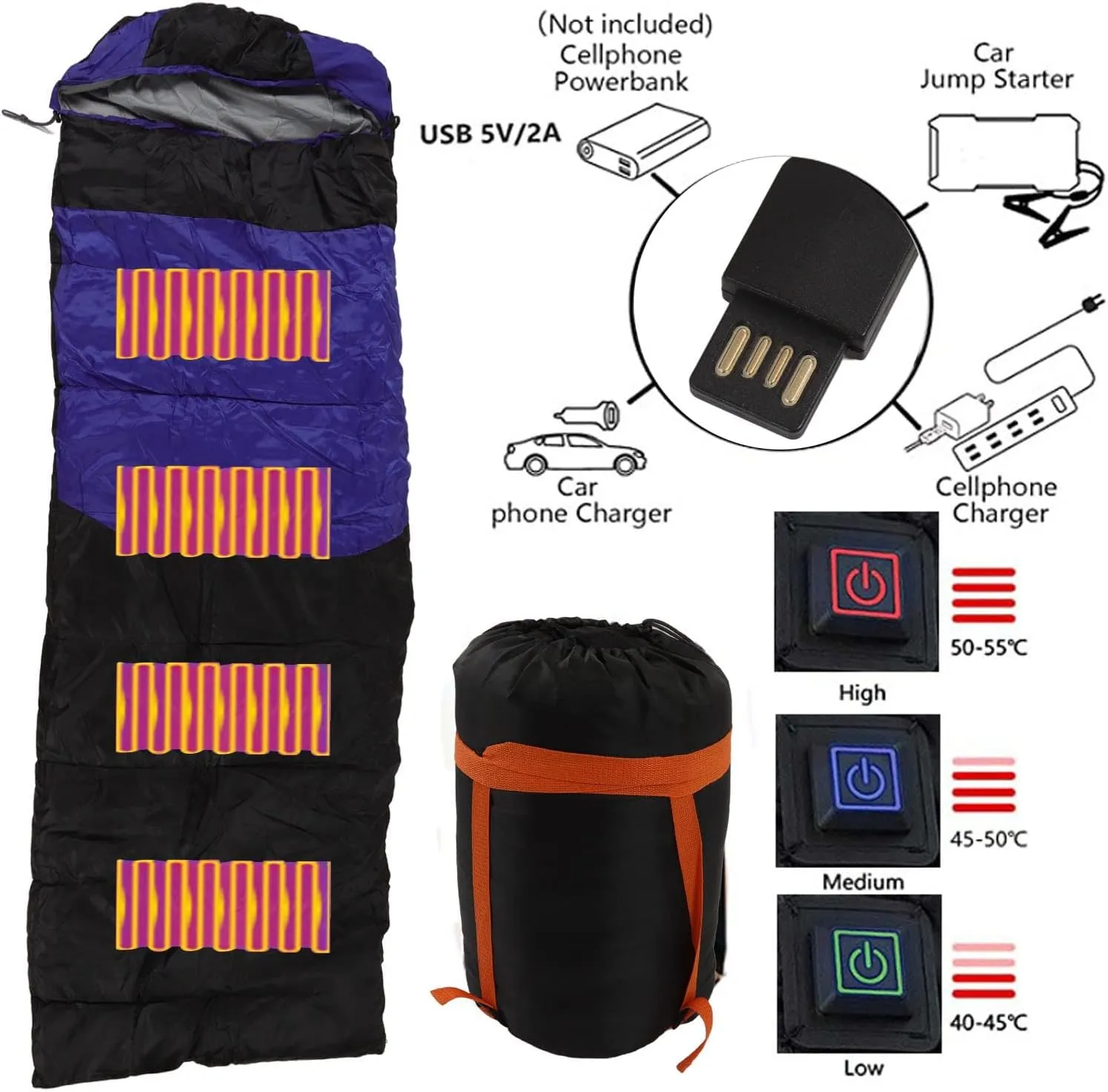 Heating Sleeping Bag, USB Heated Thermal Sleeping Bag with Down Cotton, KickProof Design Perfect for Adults Camping/Hiking(blue)