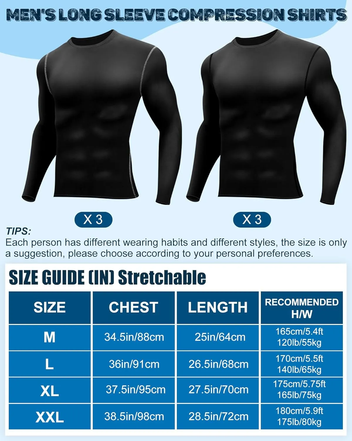 Hicarer 6 Pack Men's Athletic Compression Shirts Long Sleeve Workout Running Undershirt Thermal Sport Base Layer Top