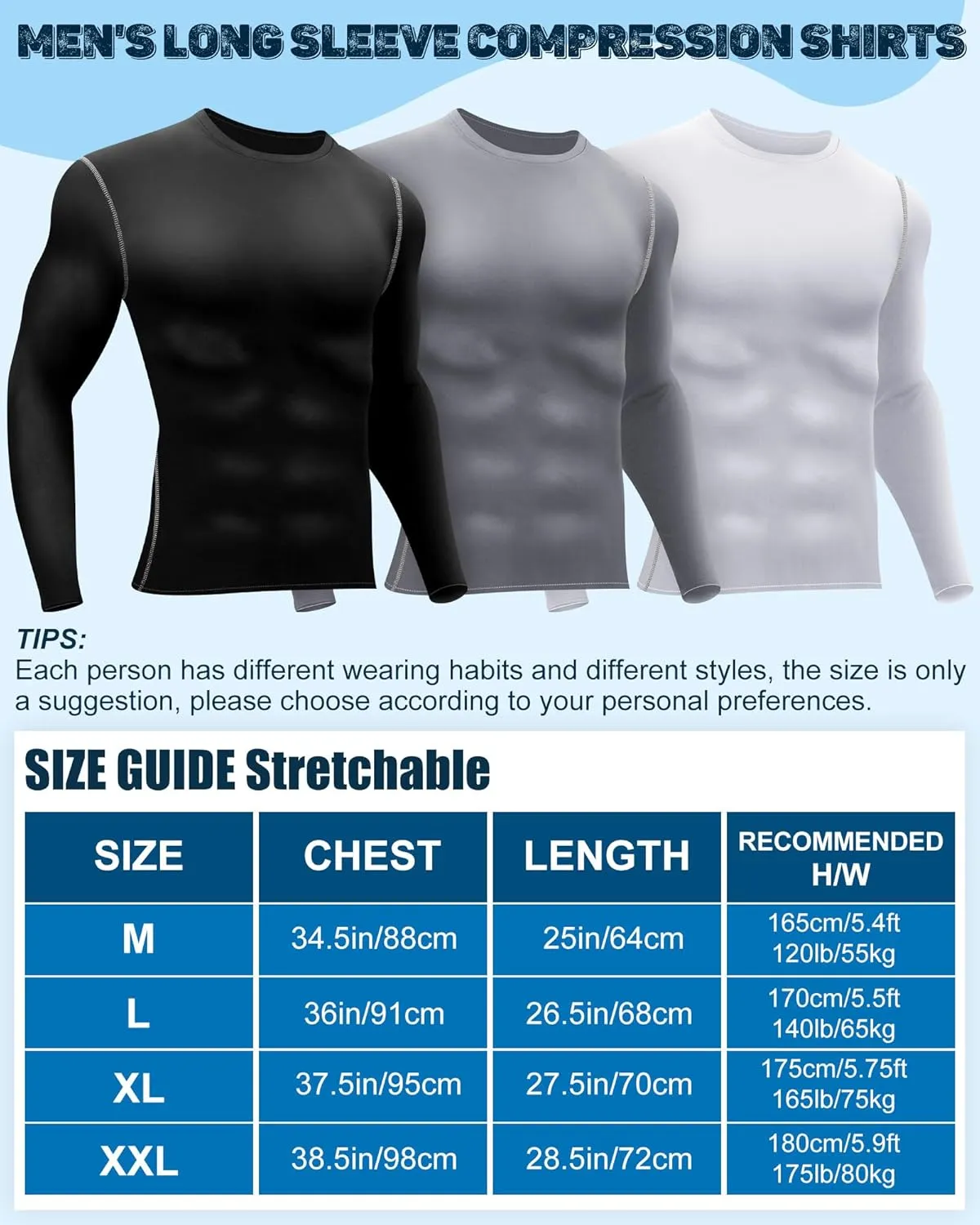 Hicarer 6 Pack Men's Athletic Compression Shirts Long Sleeve Workout Running Undershirt Thermal Sport Base Layer Top