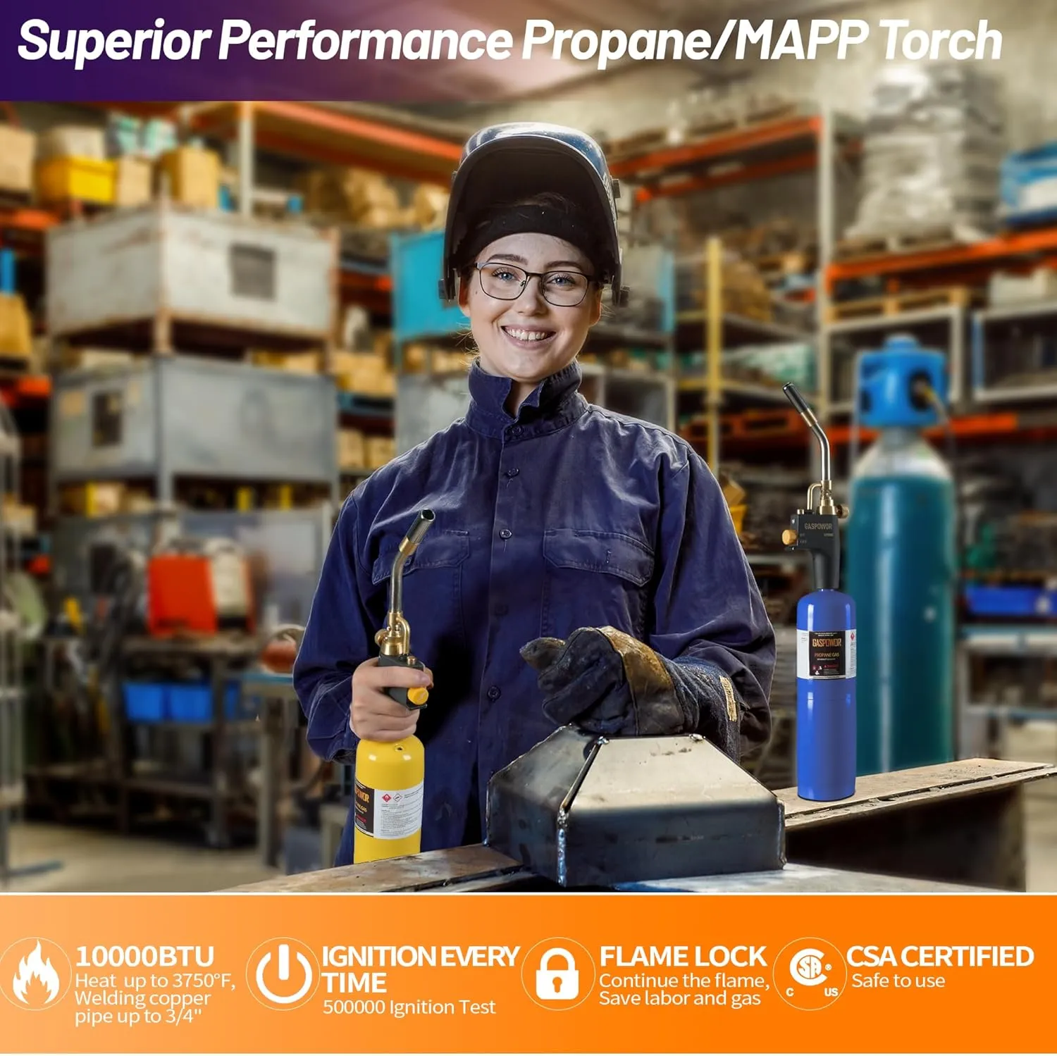 High Intensity Propane Torch Head with 4PCS Rods,Turbo Torch Kit Fuel by Propane,MAPP,Welding Torch,Trigger Start Mapp Gas Torch Kit with Igniter,Blow Torch (CSA Certified, Fuel Not Included)